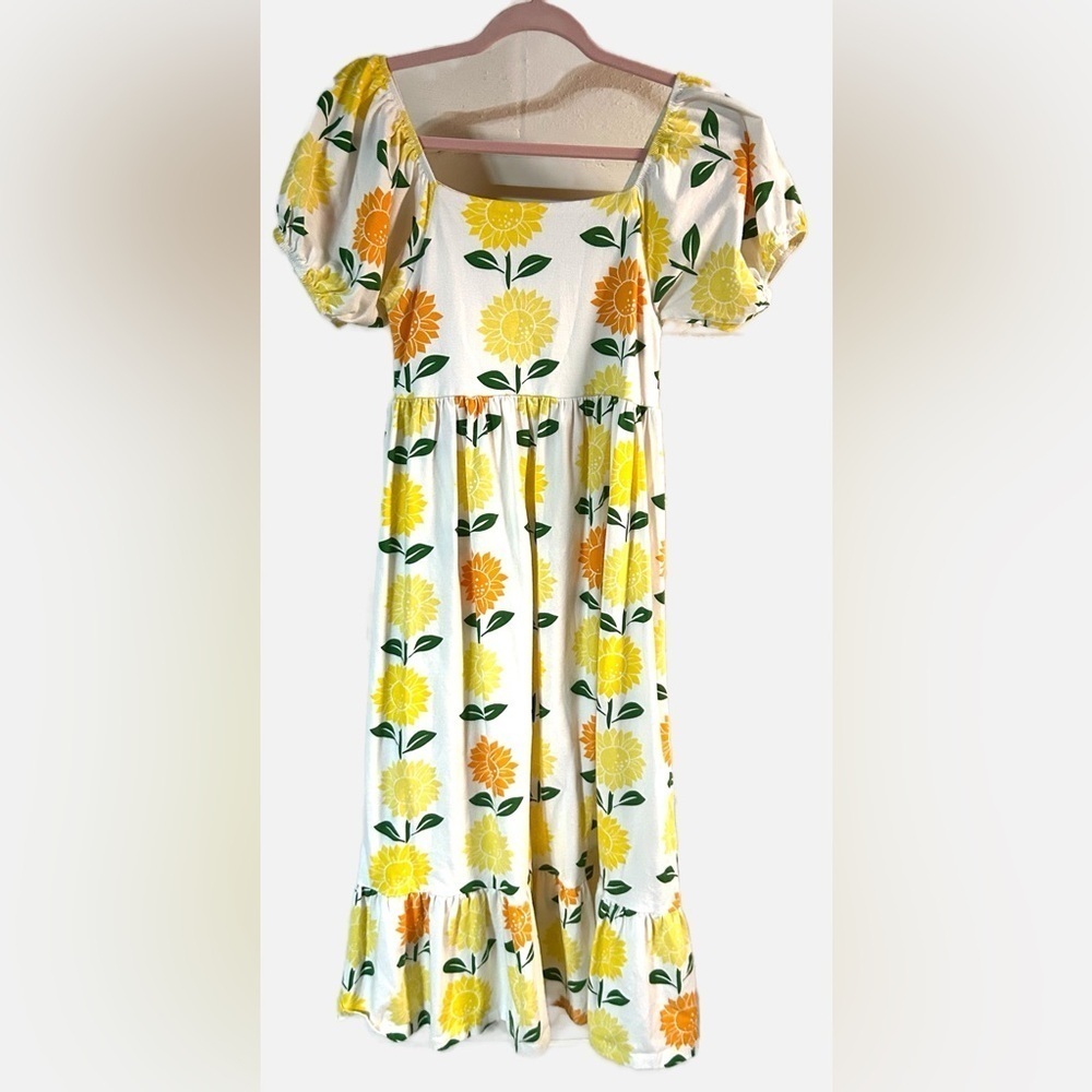 M+A‎ Lounge Sunflower Midi Dress Boho Cottagecore Puff Sleeve Summer Sundress S - Picture 4 of 9